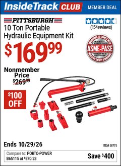 Harbor Freight ITC Coupon PITTSBURGH 10 TON PORTABLE HYDRAULIC EQUIPMENT KIT Lot No. 58775 Valid Thru: 10/29/26 - $169.99