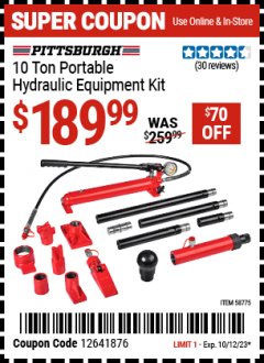 Harbor Freight Coupon PITTSBURGH 10 TON PORTABLE HYDRAULIC EQUIPMENT KIT Lot No. 58775 Expired: 10/12/23 - $189.99
