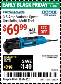 Harbor Freight Coupon 3.5 AMP VARIABLE-SPEED OSCILLATING MULTI-TOOL Lot No. 59510 Expired: 11/22/23 - $69.99