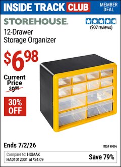 Harbor Freight Coupon STOREHOUSE 12-DRAWER STORAGE ORGANIZER Lot No. 99896 Valid: 12/31/69 - 7/2/26 - $6.98