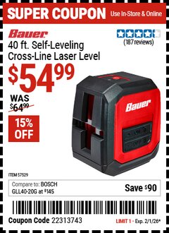 Harbor Freight Coupon BAUER 40 FT. SELF-LEVELING CROSS-LINE LASER LEVEL Lot No. 57529 Valid Thru: 2/1/26 - $54.99