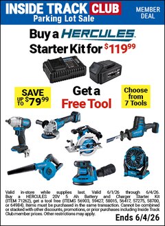 Harbor Freight Free Coupon HERCULES 20 VOLT BRUSHLESS CORDLESS 4-1/2 IN./5 IN. SLIDE SWITCH ANGLE GRINDER - TOOL ONLY Lot No. 56903 Valid Thru: 6/4/26 - FWP
