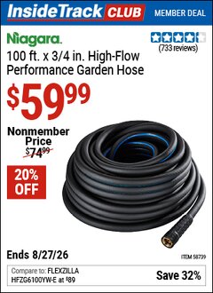 Harbor Freight ITC Coupon NIAGARA 100 FT. X 3/4 IN. HIGH-PERFORMANCE CONTRACTOR-GRADE HOSE Lot No. 58739 Valid Thru: 8/27/26 - $59.99