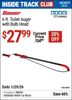 Harbor Freight ITC Coupon BAUER 6 FT. TOILET AUGER WITH BULB HEAD Lot No. 58959 Valid Thru: 1/29/26 - $27.99