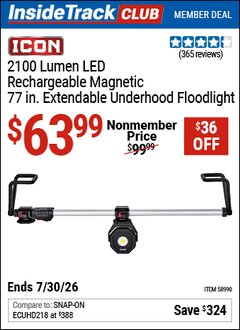Harbor Freight ITC Coupon ICON 2100 LUMEN LED RECHARGEABLE MAGNETIC 77 IN. EXTENDABLE UNDERHOOD FLOODLIGHT Lot No. 58990 Valid Thru: 7/30/26 - $63.99