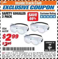 Harbor Freight ITC Coupon SAFETY GOGGLES PACK OF 3 Lot No. 94027 Expired: 6/30/18 - $2.99