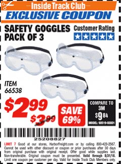 Harbor Freight ITC Coupon SAFETY GOGGLES PACK OF 3 Lot No. 94027 Expired: 8/31/18 - $2.99