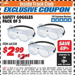 Harbor Freight ITC Coupon SAFETY GOGGLES PACK OF 3 Lot No. 94027 Expired: 1/31/19 - $2.99