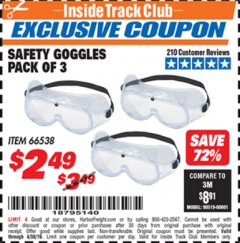Harbor Freight ITC Coupon SAFETY GOGGLES PACK OF 3 Lot No. 94027 Expired: 4/30/19 - $2.49
