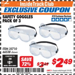 Harbor Freight ITC Coupon SAFETY GOGGLES PACK OF 3 Lot No. 94027 Expired: 1/31/20 - $2.49