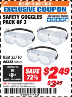 Harbor Freight ITC Coupon SAFETY GOGGLES PACK OF 3 Lot No. 94027 Expired: 4/30/20 - $2.49