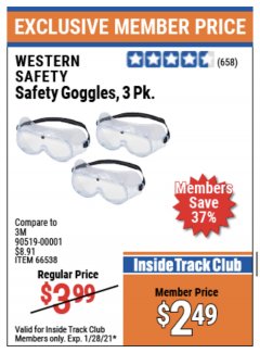 Harbor Freight ITC Coupon SAFETY GOGGLES PACK OF 3 Lot No. 94027 Expired: 1/28/21 - $2.49