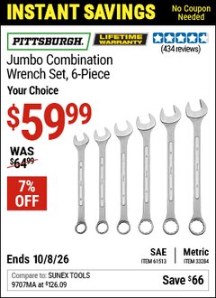 Harbor Freight Coupon PITTSBURGH JUMBO COMBINATION WRENCH SET, 6-PIECE Lot No. 61513/33284 Valid Thru: 10/8/26 - $59.99