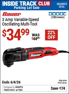 Harbor Freight Coupon BAUER 3 AMP VARIABLE-SPEED OSCILLATING MULTI-TOOL Lot No. 59163/56509 Valid: 12/31/69 - 6/4/26 - $34.99
