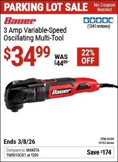 Harbor Freight Coupon BAUER 3 AMP VARIABLE-SPEED OSCILLATING MULTI-TOOL Lot No. 59163/56509 Expired: 3/8/26 - $34.99