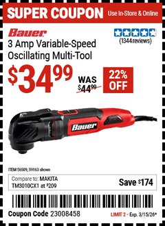 Harbor Freight Coupon BAUER 3 AMP VARIABLE-SPEED OSCILLATING MULTI-TOOL Lot No. 59163/56509 Expired: 3/15/26 - $34.99