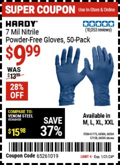Harbor Freight Coupon HARDY 7 MIL NITRILE POWDER-FREE GLOVES, 50-PACK, XX-LARGE Lot No. 57158/68504/68505/68506 Expired: 1/21/24 - $9.99