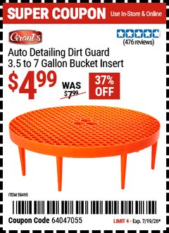 Harbor Freight Coupon GRANT'S AUTO DETAILING DIRT GUARD 3.5 TO 7 GALLON BUCKET INSERT Lot No. 58495 Valid Thru: 7/19/26 - $4.99