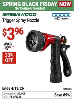 Harbor Freight Coupon GREENWOOD TRIGGER SPRAY NOZZLE Lot No. 92398 Expired: 4/12/26 - $3.96