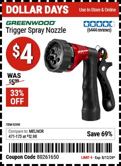 Harbor Freight Coupon GREENWOOD TRIGGER SPRAY NOZZLE Lot No. 92398 Valid Thru: 8/12/26 - $4