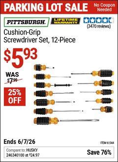 Harbor Freight Coupon PITTSBURGH CUSHION-GRIP SCREWDRIVER SET, 12-PIECE Lot No. 68868/61344 EXPIRES: 6/7/26 - $5.93