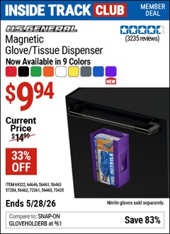 Harbor Freight ITC Coupon U.S. General Magnetic Glove/tissue dispenser Lot No. 64646/57284/56460/56461/56462/56463/69322/72361 Valid Thru: 5/28/26 - $9.94