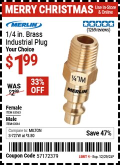 Harbor Freight Coupon MERLIN 1/4 IN. BRASS INDUSTRIAL PLUG Lot No. 63563/63564 Expired: 12/29/24 - $1.99