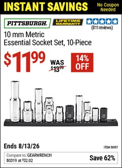Harbor Freight Coupon PITTSBURGH 10 MM METRIC ESSENTIAL SOCKET SET, 10-PIECE Lot No. 58957 Expired: 6/13/26 - $11.99