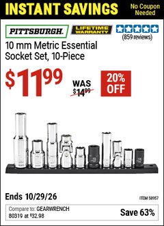 Harbor Freight Coupon PITTSBURGH 10 MM METRIC ESSENTIAL SOCKET SET, 10-PIECE Lot No. 58957 Valid Thru: 10/29/26 - $11.99