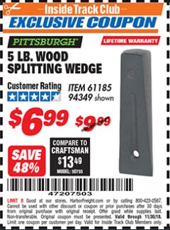 Harbor Freight ITC Coupon 5 LB. WOOD SPLITTING WEDGE Lot No. 94349/61185 Expired: 11/30/18 - $6.99