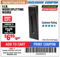 Harbor Freight ITC Coupon 5 LB. WOOD SPLITTING WEDGE Lot No. 94349/61185 Expired: 12/31/19 - $6.99