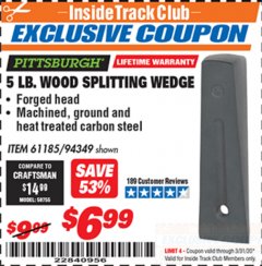 Harbor Freight ITC Coupon 5 LB. WOOD SPLITTING WEDGE Lot No. 94349/61185 Expired: 3/31/20 - $6.99