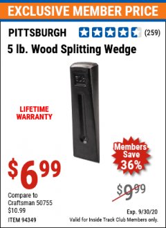 Harbor Freight ITC Coupon 5 LB. WOOD SPLITTING WEDGE Lot No. 94349/61185 Expired: 9/30/20 - $6.99