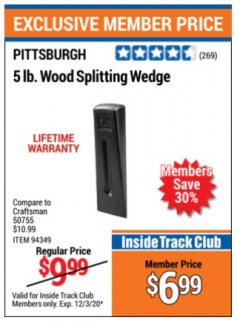 Harbor Freight ITC Coupon 5 LB. WOOD SPLITTING WEDGE Lot No. 94349/61185 Expired: 12/3/20 - $6.99