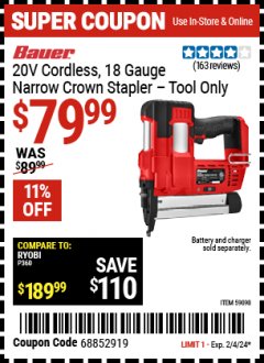 Harbor Freight Coupon 20V CORDLESS 18 GAUGE NARROW CROWN STAPLER TOOL ONLY Lot No. 59098 Expired: 2/4/24 - $79.99