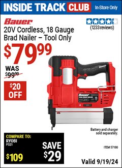 Harbor Freight ITC Coupon BAUER 20V CORDLESS, 18 GAUGE BRAD NAILER – TOOL ONLY Lot No. 57180 Expired: 9/19/24 - $79.99