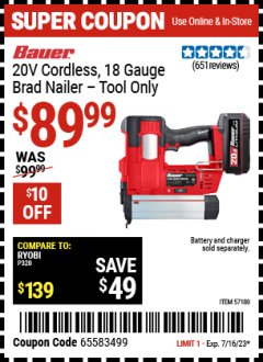 Harbor Freight Coupon BAUER 20V CORDLESS 18 GAUGE BRAD NAILER - TOOL ONLY Lot No. 57180 Expired: 7/16/23 - $89.99