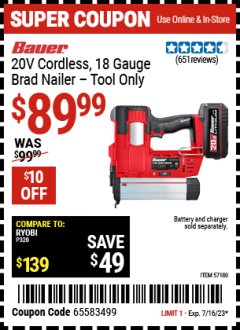 Harbor Freight Coupon BAUER 20V CORDLESS, 18 GAUGE BRAD NAILER – TOOL ONLY Lot No. 57180 Expired: 7/16/23 - $89.99