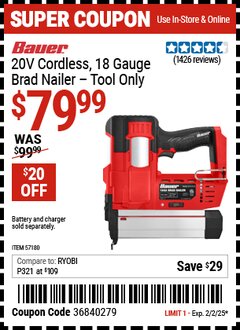 Harbor Freight Coupon BAUER 20V CORDLESS, 18 GAUGE BRAD NAILER – TOOL ONLY Lot No. 57180 Expired: 2/2/25 - $79.99