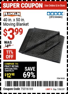 Harbor Freight Coupon 40 IN. X 50 IN. MOVING BLANKET Lot No. 58328 Expired: 7/23/23 - $3.99
