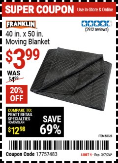 Harbor Freight Coupon 40 IN. X 50 IN. MOVING BLANKET Lot No. 58328 Expired: 3/7/24 - $3.99