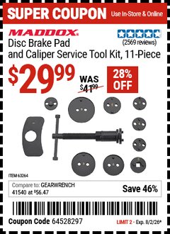 Harbor Freight Coupon MADDOX DISC BRAKE PAD AND CALIPER SERVICE TOOL KIT, 11-PIECE Lot No. 63264 Expired: 8/2/26 - $29.99