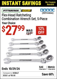Harbor Freight Coupon PITTSBURGH FLEX-HEAD RATCHETING COMBINATION WRENCH SET, 5-PIECE Lot No. 60591/60592 Valid Thru: 10/29/26 - $27.99