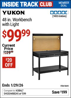 Harbor Freight ITC Coupon YUKON 48 IN. WORKBENCH WITH LIGHT Lot No. 58695 Valid Thru: 1/29/26 - $99.99