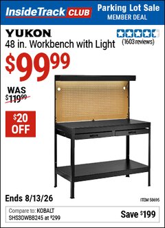 Harbor Freight ITC Coupon YUKON 48 IN. WORKBENCH WITH LIGHT Lot No. 58695 Valid Thru: 8/13/26 - $99.99