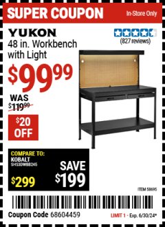 Harbor Freight Coupon YUKON 48 IN. WORKBENCH WITH LIGHT Lot No. 58695 Expired: 6/30/24 - $99.99