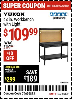Harbor Freight Coupon YUKON 48 IN. WORKBENCH WITH LIGHT Lot No. 58695 Expired: 8/4/24 - $109.99