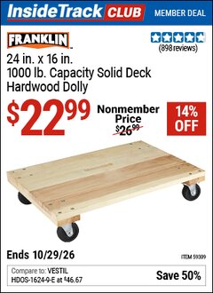 Harbor Freight ITC Coupon FRANKLIN 24 IN. X 16 IN., 1000 LB. CAPACITY SOLID DECK HARDWOOD DOLLY Lot No. 59309 Valid Thru: 10/29/26 - $22.99