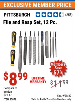 Harbor Freight ITC Coupon PITTSBURGH FILE AND RASP SET, 12-PIECE Lot No. 97070 Expired: 9/30/20 - $8.99