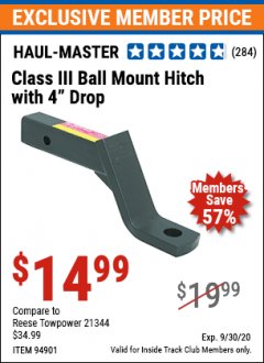 Harbor Freight ITC Coupon CLASS III BALL MOUNT HITCH WITH 4" DROP Lot No. 94901 Expired: 9/30/20 - $14.99
